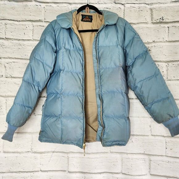 Vintage Eddie Bauer Down Puffer Zip Jacket Blizzard Proof Womens Medium Blue - Picture 2 of 9